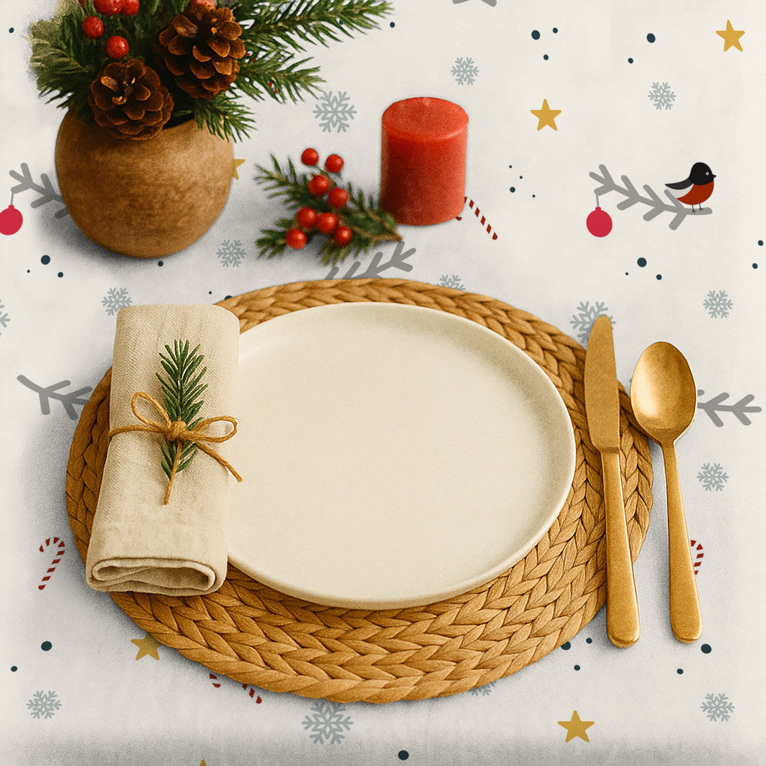 Nordfavn Eve – Jultextilduk med små fåglar och grenar, närbild vid dukning