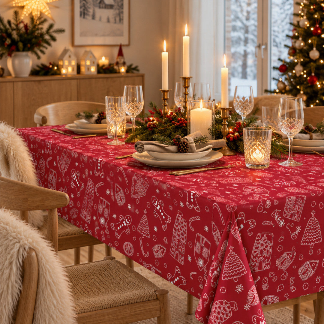 Nordfavn Ginger Cookies Röd – julvaxduk med pepparkaksmotiv, miljö