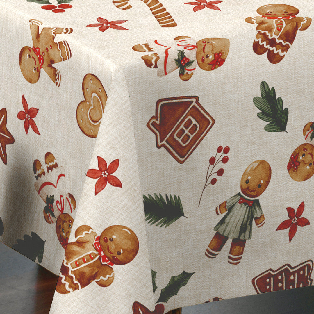 Nordfavn Gingerbread Ljus linnelook – Julvaxduk med pepparkakor, hörn