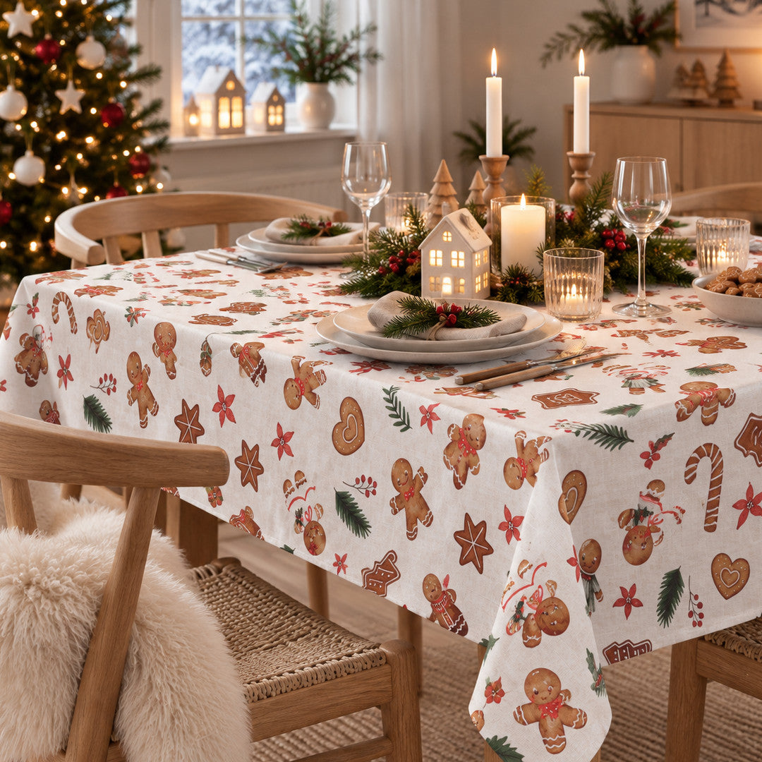 Nordfavn Gingerbread Ljus linnelook – Julvaxduk med pepparkakor, miljö