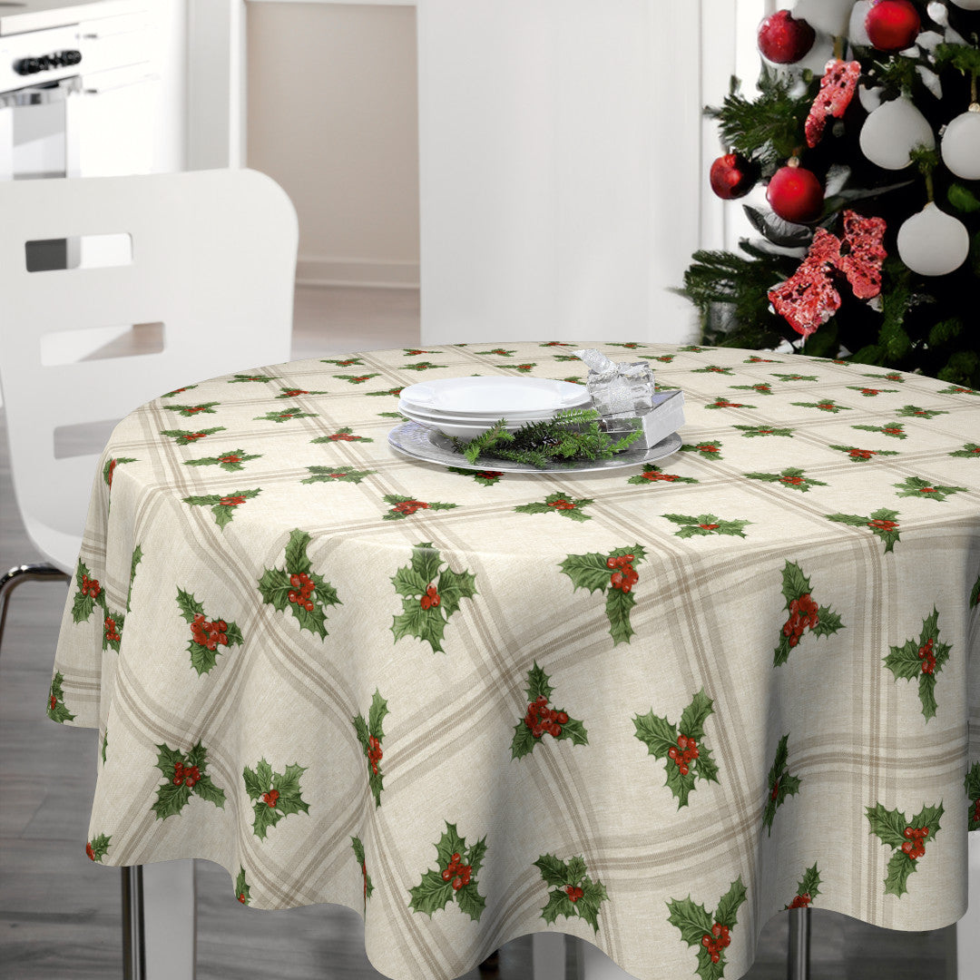 Nordfavn Houx de Noël – Rund klassisk julvaxduk med kristtorn