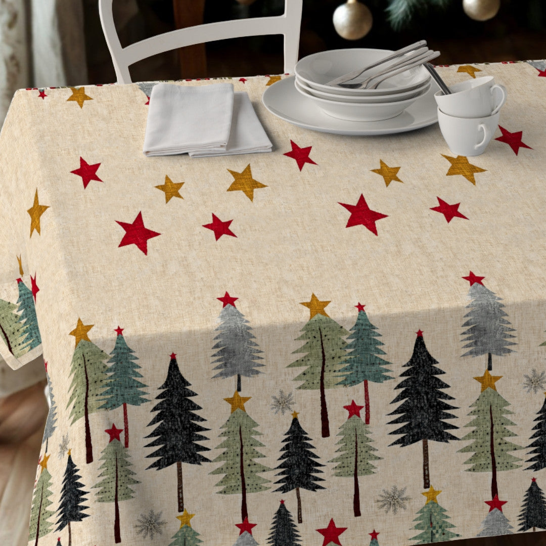 Nordfavn Joy – Jultextilduk med julgranar och stjärnor, närbild