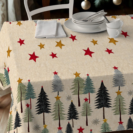 Nordfavn Joy – Jultextilduk med julgranar och stjärnor, närbild