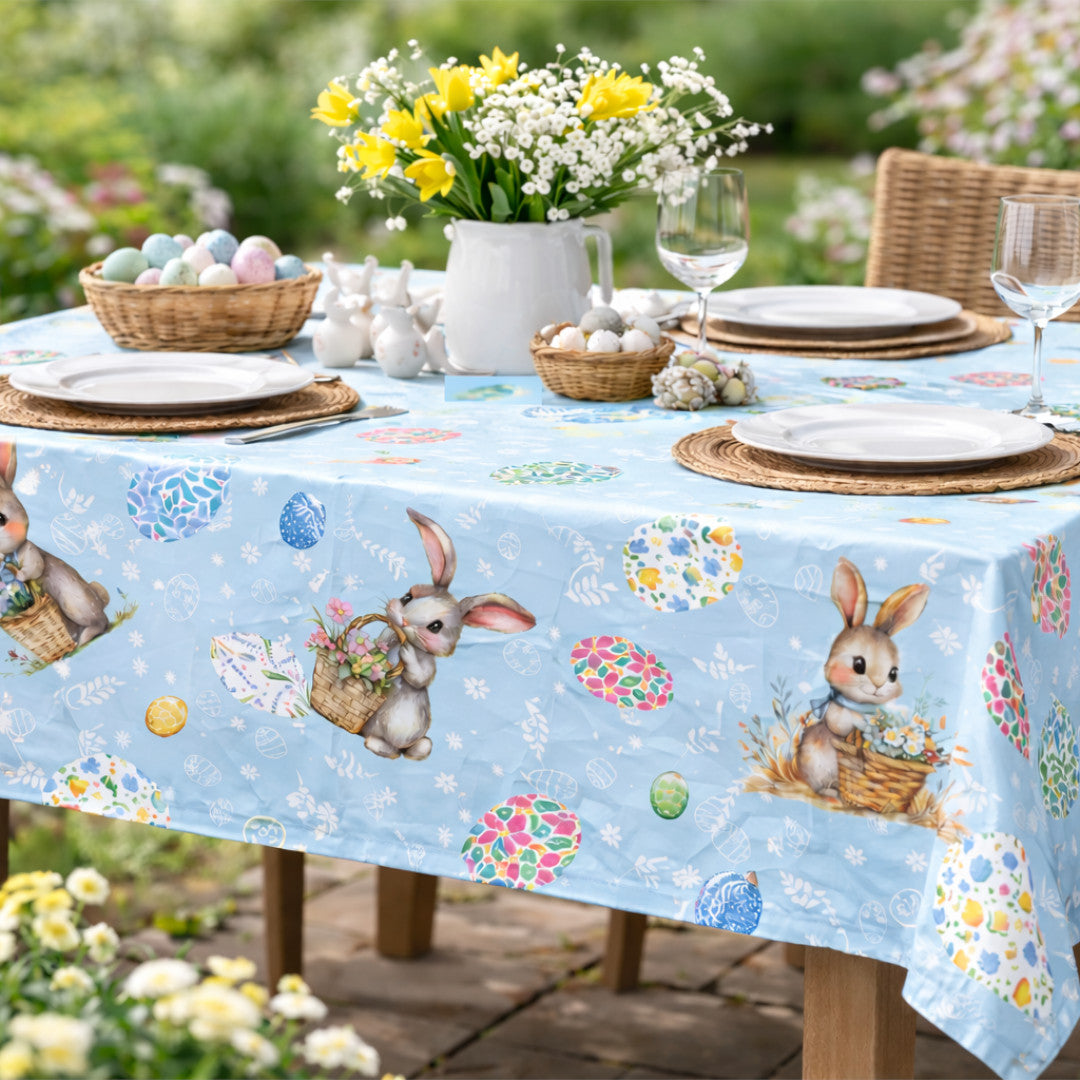 Påskhare Blå – påskvaxduk med harar och blomsterägg, vårstämning