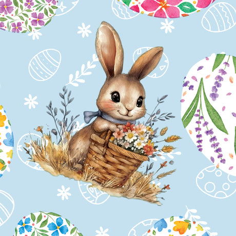 Påskhare Blå – påskvaxduk med harar och blomsterägg, mönster