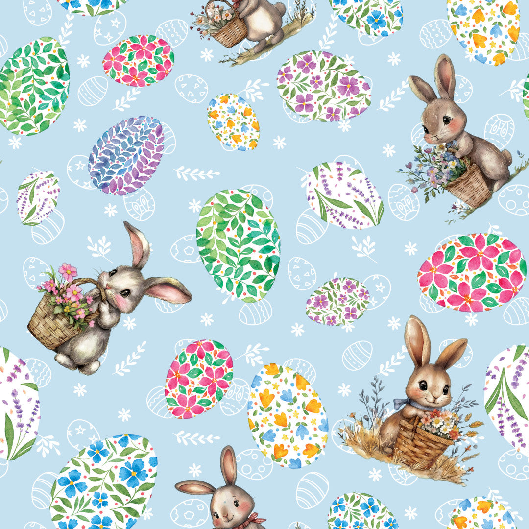 Påskhare Blå – påskvaxduk med harar och blomsterägg, motiv
