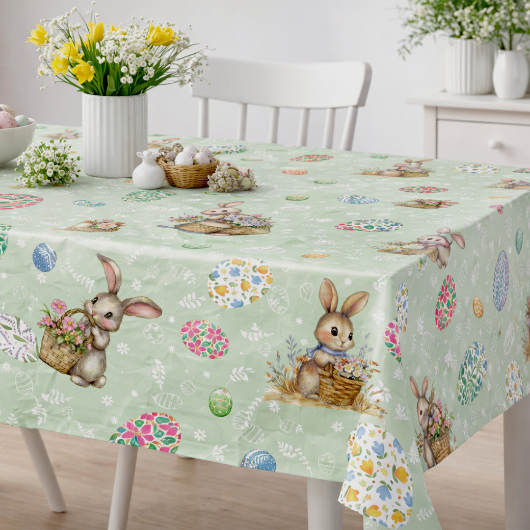 Påskhare Grön – påskvaxduk med hare och blomsterägg miljö