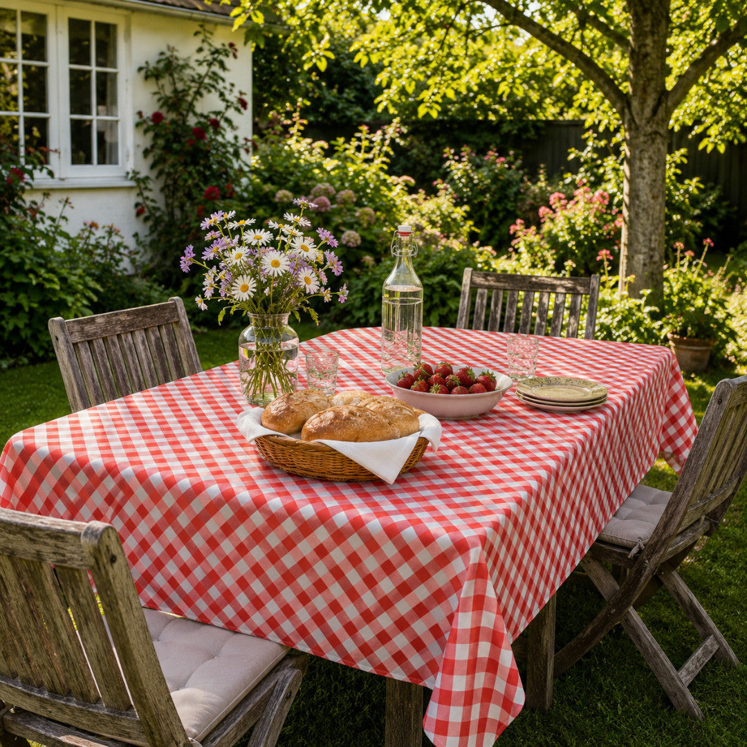Picnic Red – Rutig vaxduk med textillook, trädgårdsmiljö