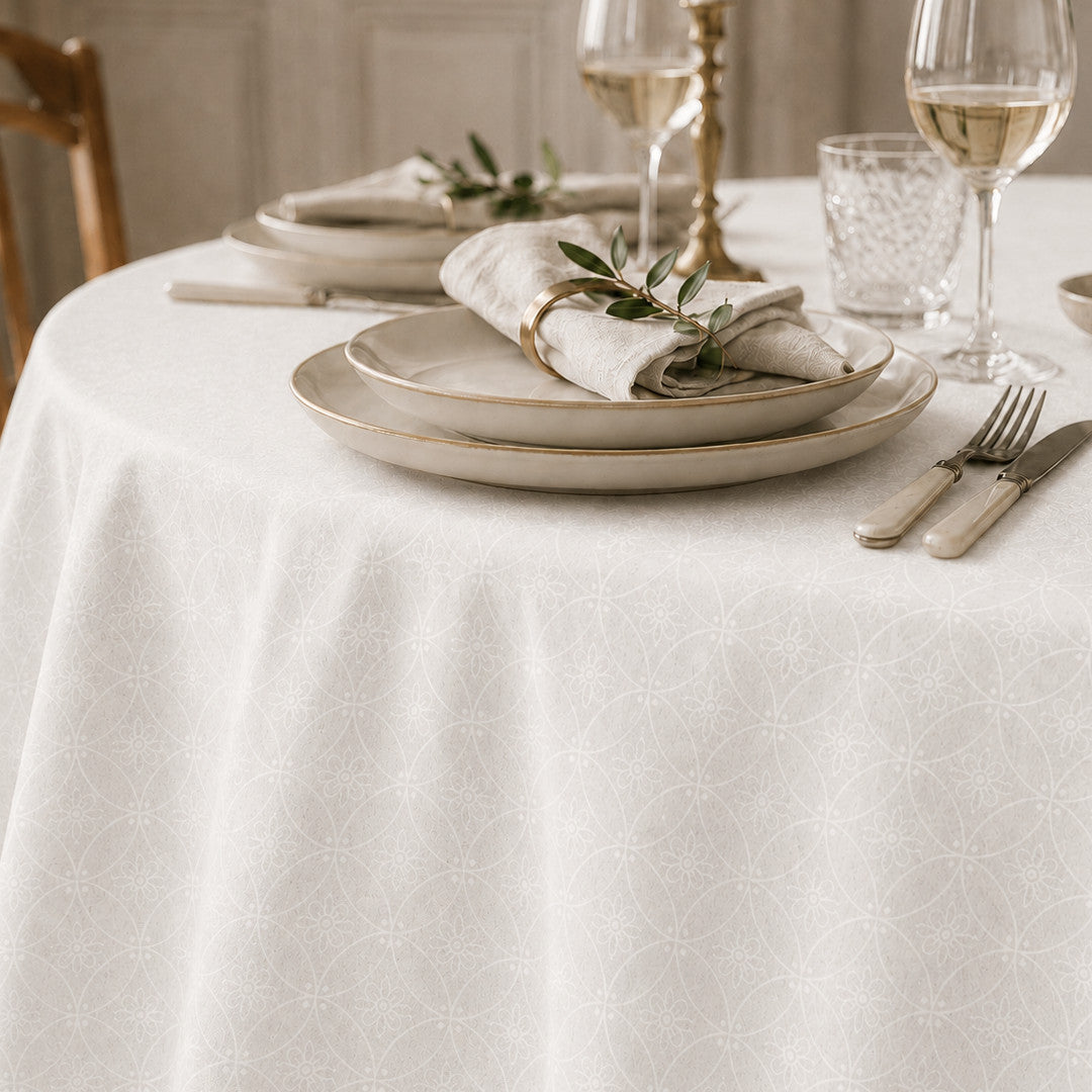 Rivera Blanco – Jacquardvävd textilvaxduk i offwhite 160 cm bred, rund