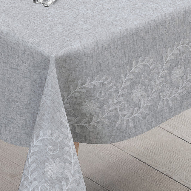 Silva Grå – grå vaxduk med elegant ornamentbård hörn