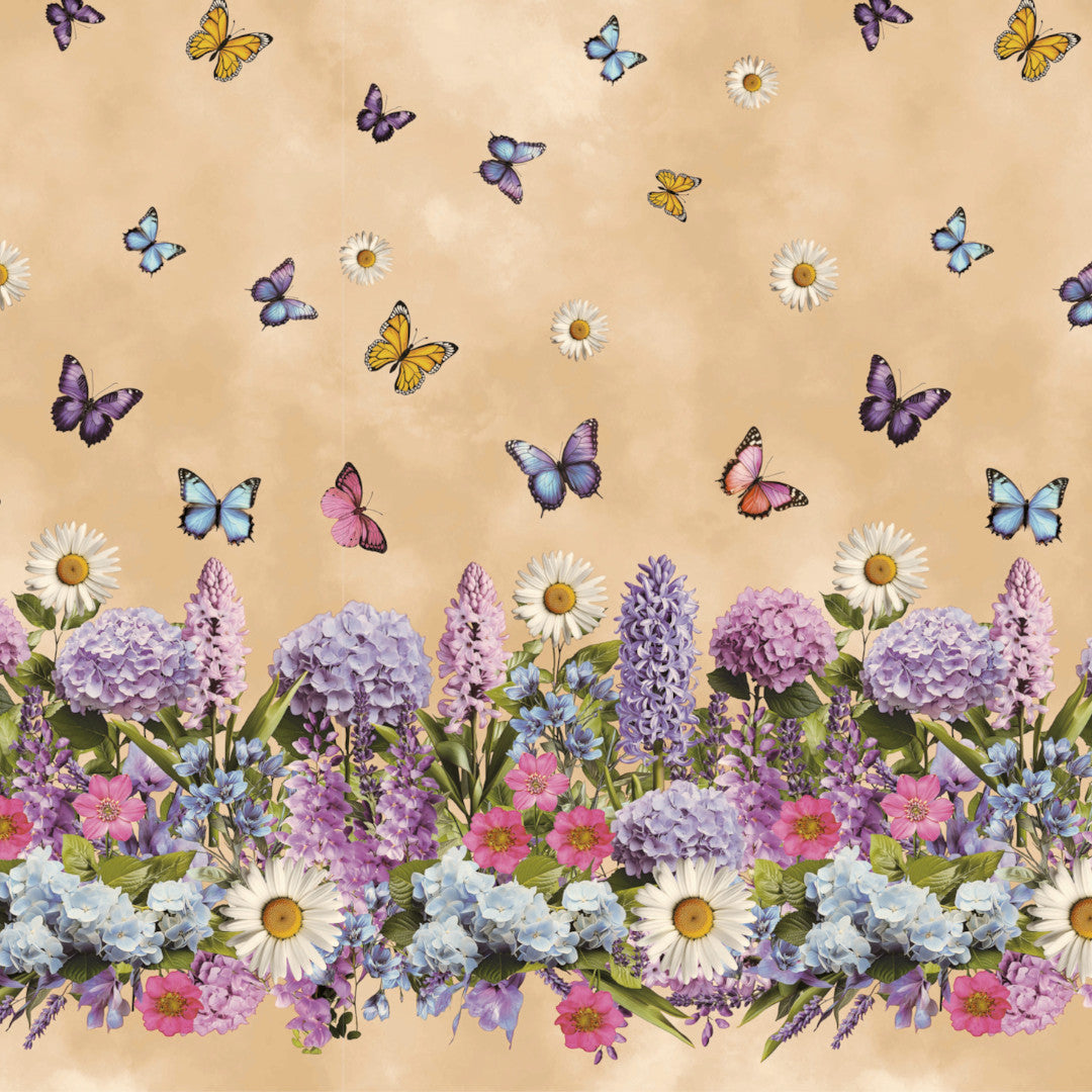 Sommaräng Beige – vaxduk med blommor och fjärilar mönster