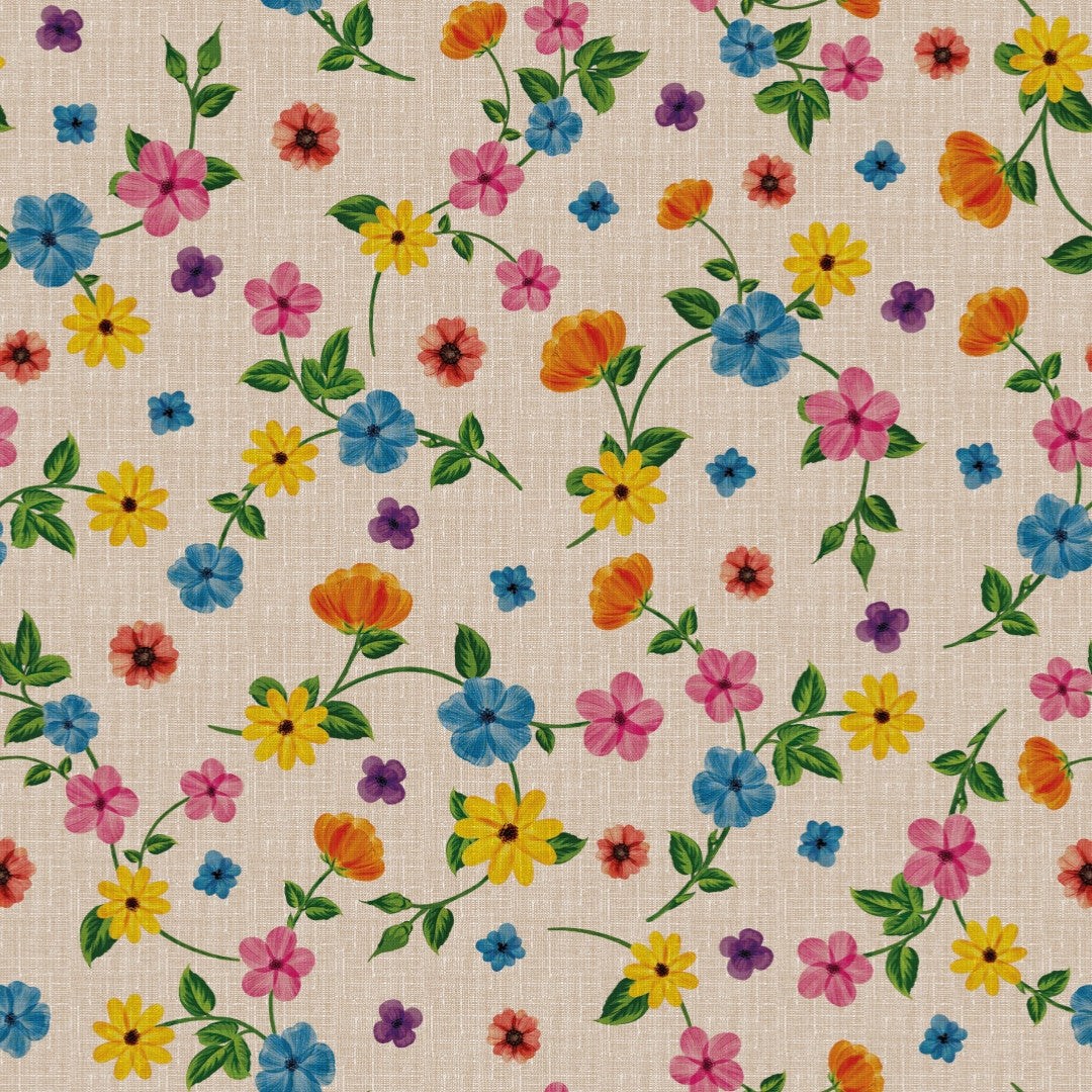 Sommarrankor – beige vaxduk med färgglada blommor