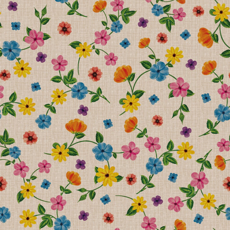Sommarrankor – beige vaxduk med färgglada blommor