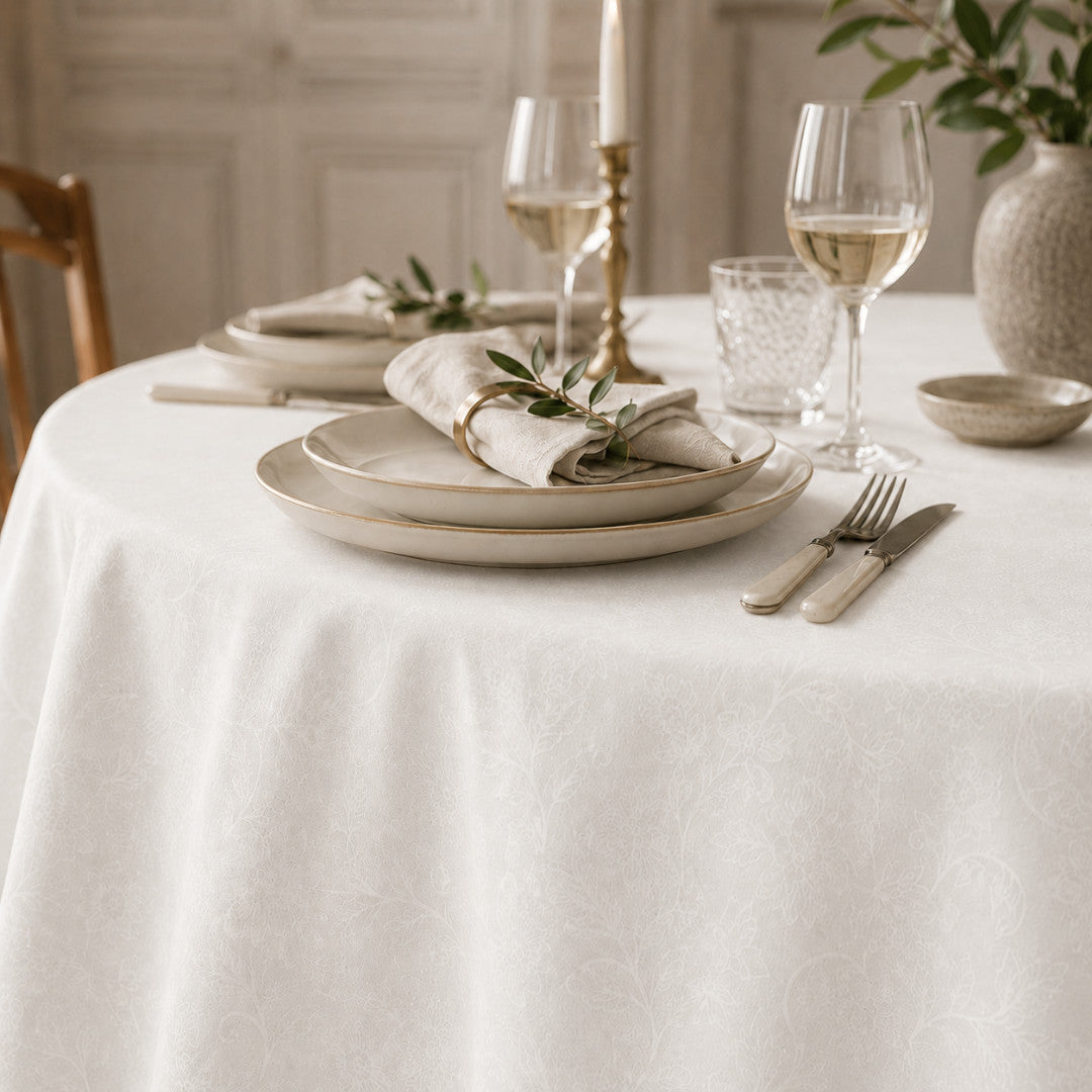 Tamayo Blanco – Jacquardvävd textilvaxduk i offwhite 180 cm bred, rund