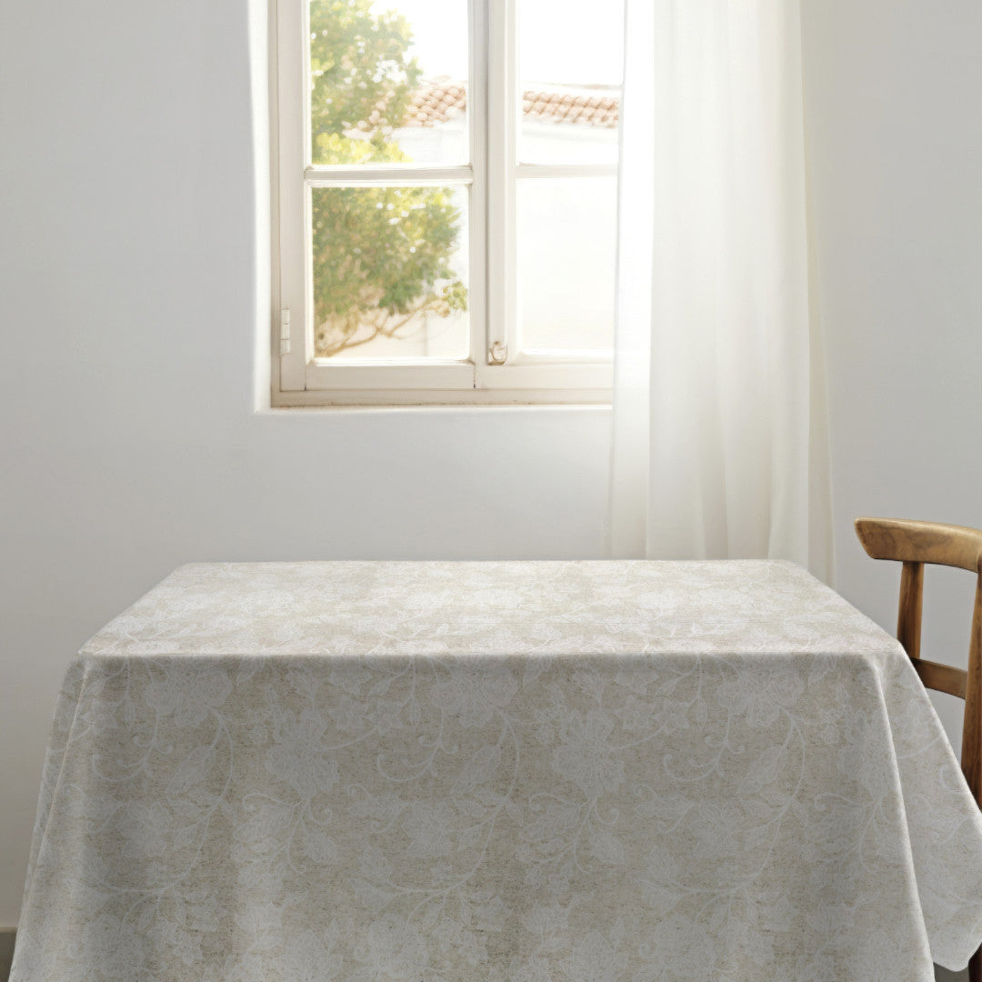 Tamayo Lino – Jacquardvävd textilvaxduk med blomstruktur, 160 cm, miljö