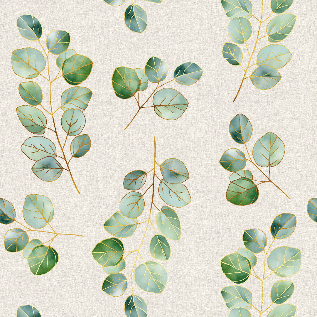 Textilia Glitter Eucalyptus – Vaxduk i linnelook med guld¬effekt, mönster