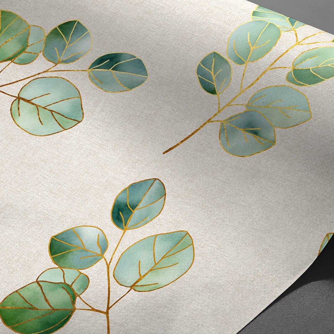 Textilia Glitter Eucalyptus – Vaxduk i linnelook med guld¬effekt, närbild 1