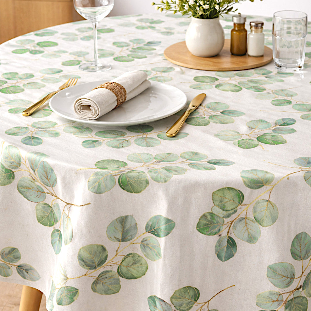 Textilia Glitter Eucalyptus – Vaxduk i linnelook med guld¬effekt, rund