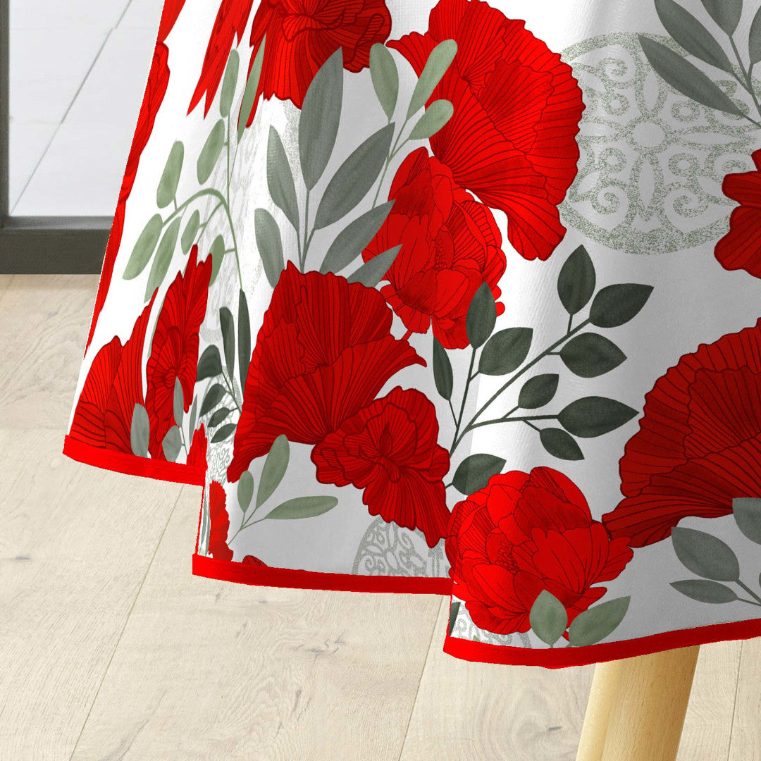 Textilia Occitanie - Rund vaxduk med vackra röda blommor, Ø 155 cm, kant