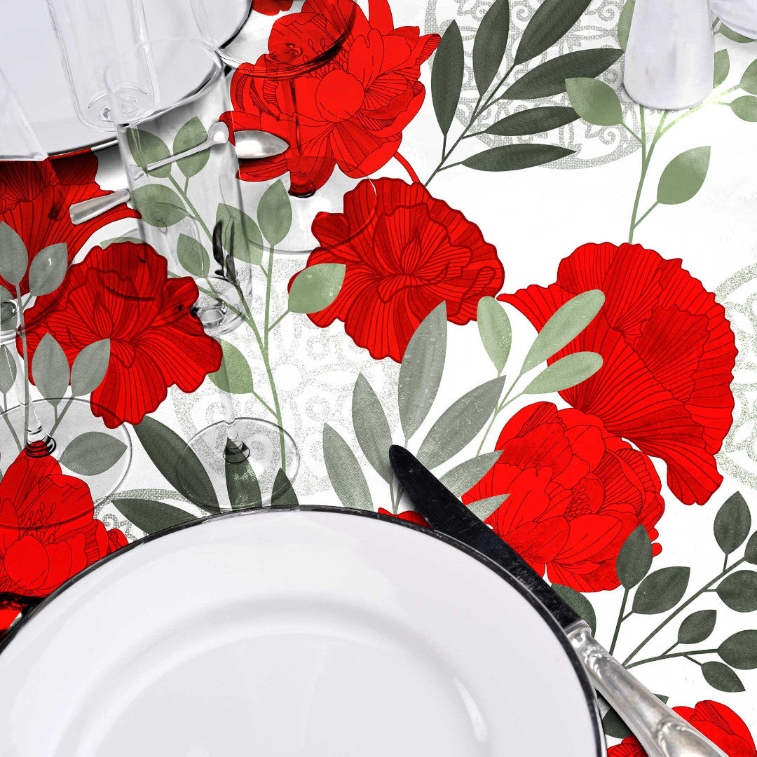 Textilia Occitanie - Fantastisk vaxduk med röda blommor, närbild