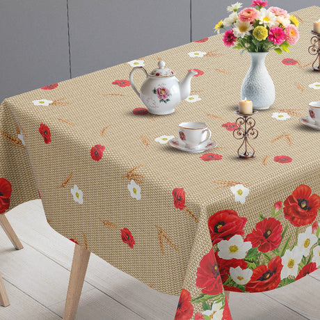 Vallmoäng – beige vaxduk med vallmor och hessianlook bordsände