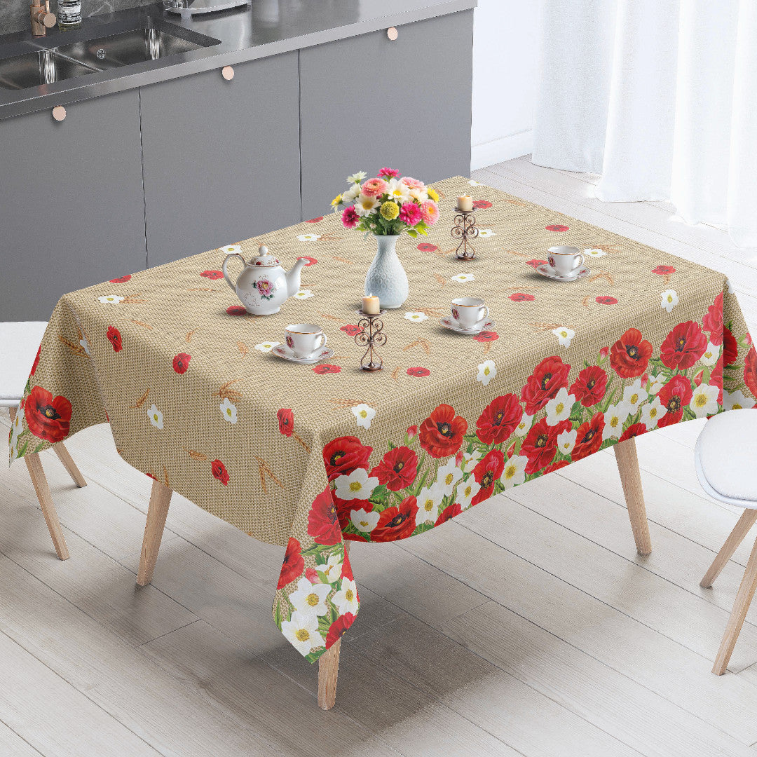 Vallmoäng – beige vaxduk med vallmor och hessianlook miljö