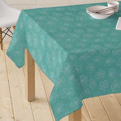 Adalis Blå – Damastvävd textilvaxduk med streckblommor, 140 cm