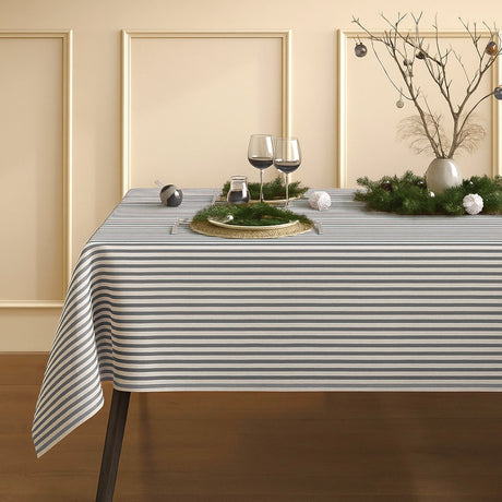 Textilvaxduk i linnelook med randigt i grått