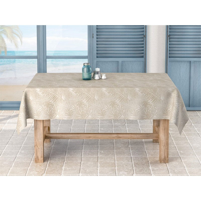 Frida Lino beige, jacquardvävd textilvaxduk med ormbunkar, 140 cm bred