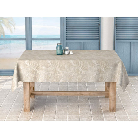 Frida Lino beige, jacquardvävd textilvaxduk med ormbunkar, 140 cm bred