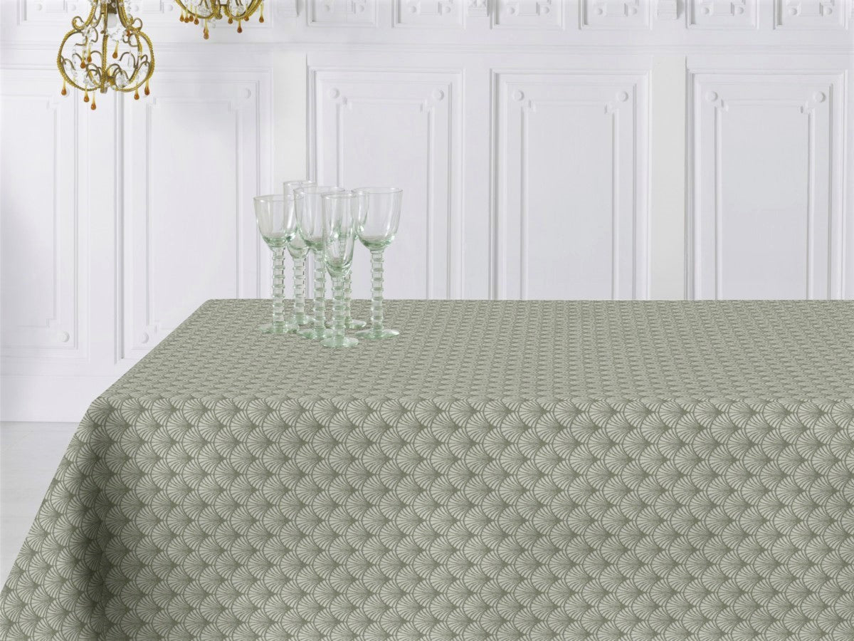 Amigoni Dusty Green - Jacquardvävd textilvaxduk med diskret solfjädersmönster
