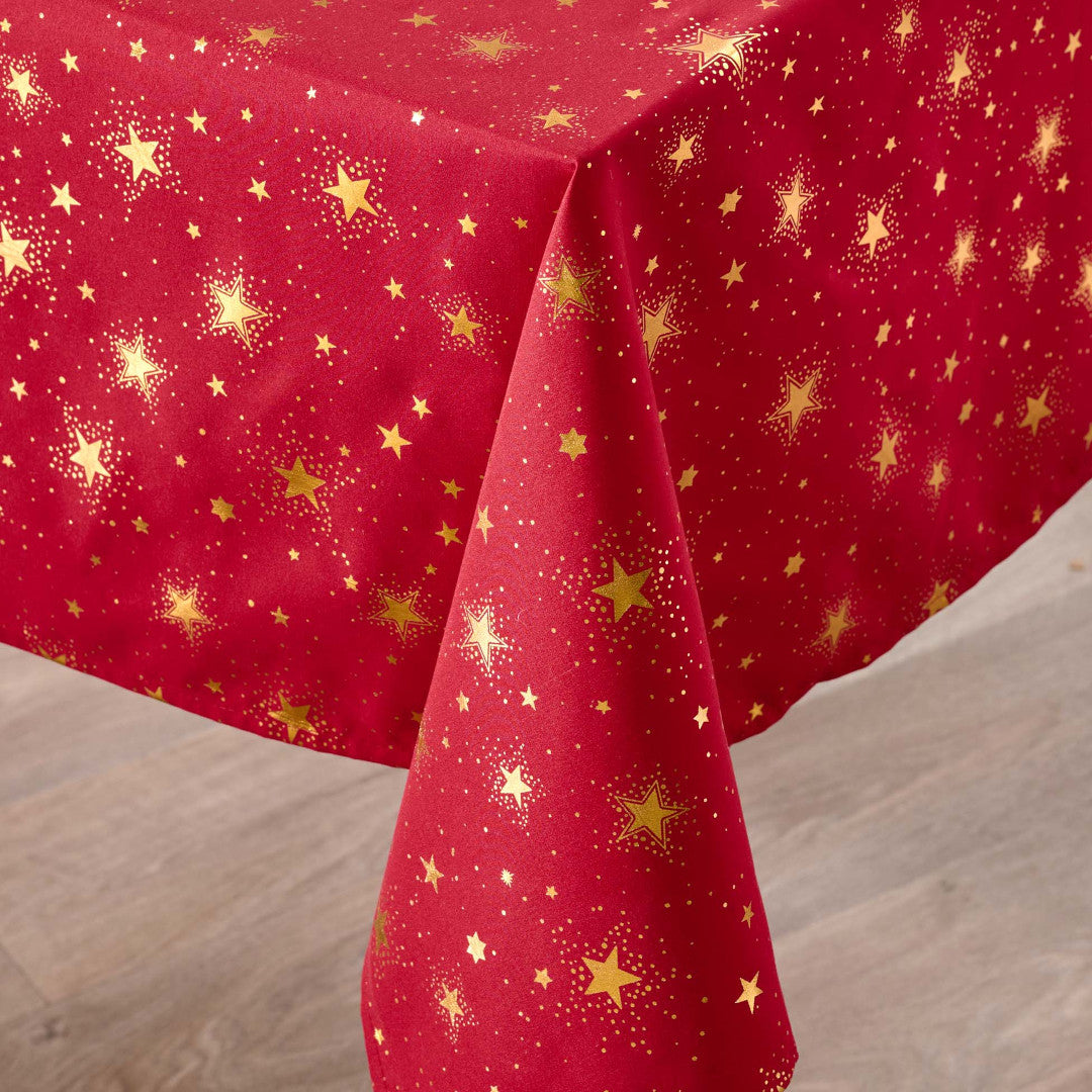 Comète Röd/Guld – Julduk med fläckavvisande behandling 140 x 240 cm, hörn