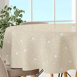 Etoiles, rund julvaxduk med vita stjärnor på ljus beige bakgrund