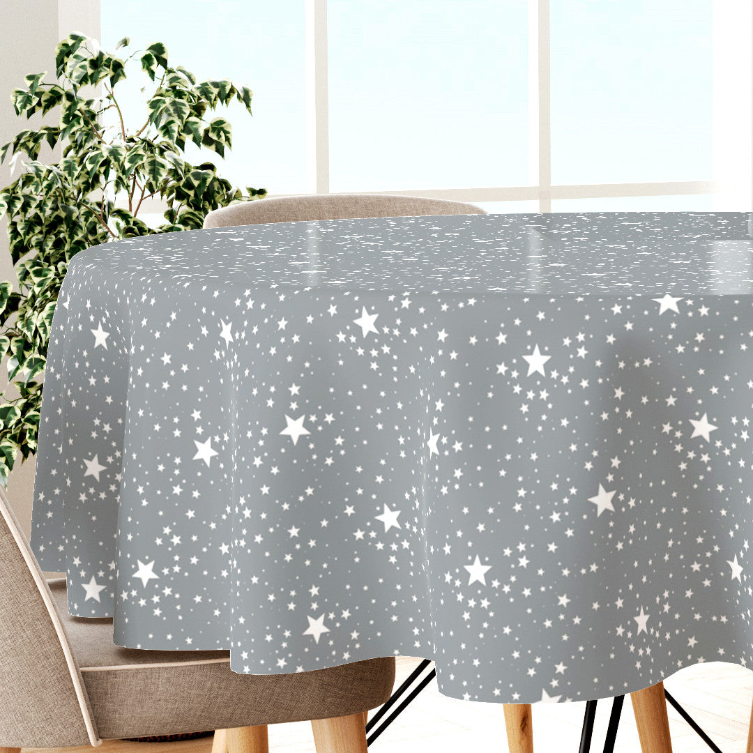 Etoiles Silver - Rund julvaxduk i grå/silver med vitt stjärnmönster