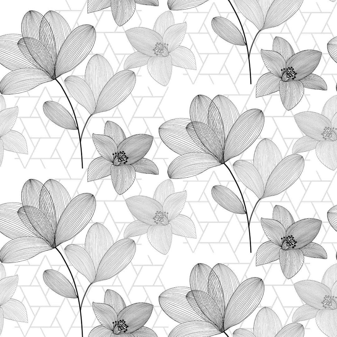 Filicity - Genomskinlig vaxduk med streckteckningar av blommor och blad grå n¨rbild