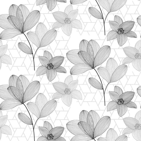 Filicity - Genomskinlig vaxduk med streckteckningar av blommor och blad grå n¨rbild