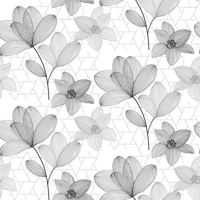 Filicity - Genomskinlig vaxduk med streckteckningar av blommor och blad grå n¨rbild