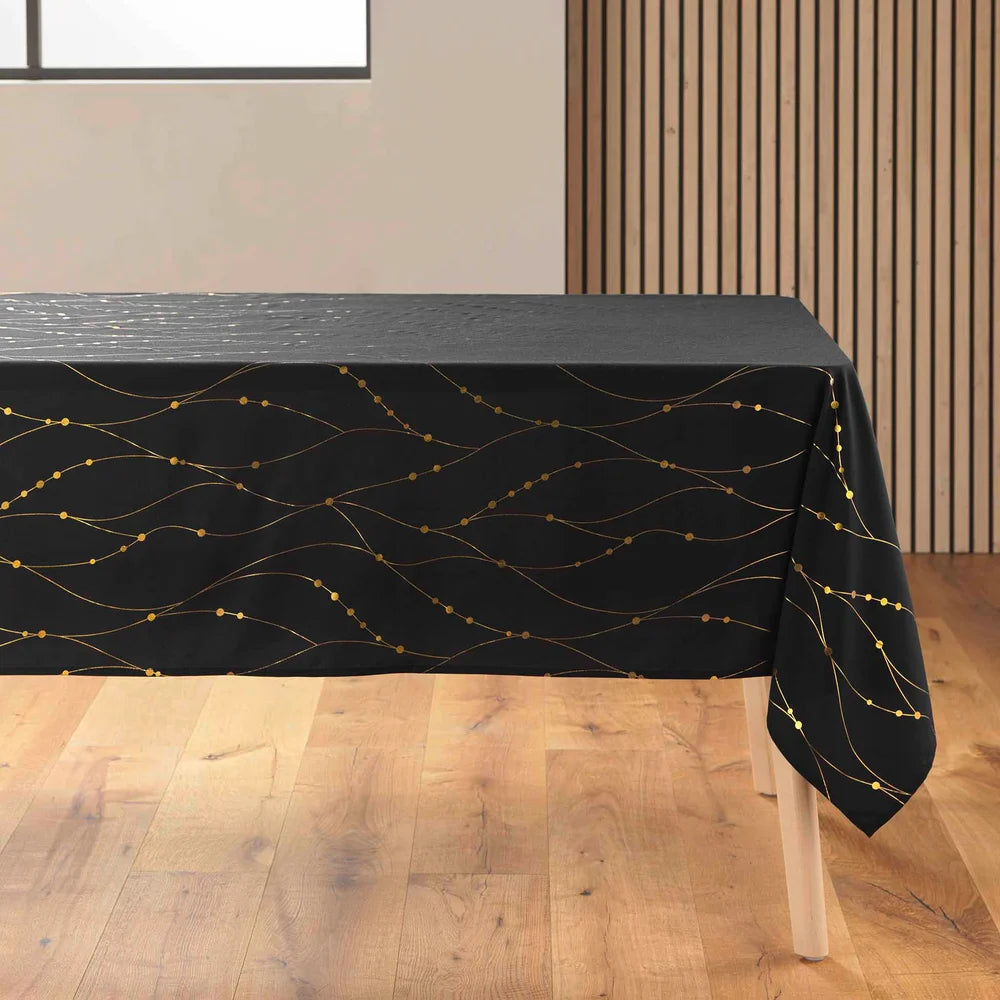 Firmament Metallic Print Svart/guld - Svart nyårs-/julduk med guldtryck, 140 x 240 cm