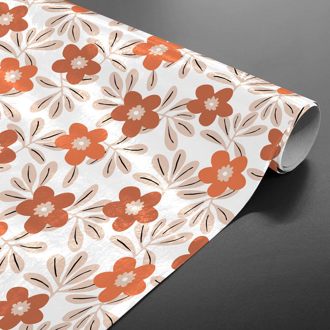 Flory Orange - Fin vaxduk med blommor i varma färger  på rulle