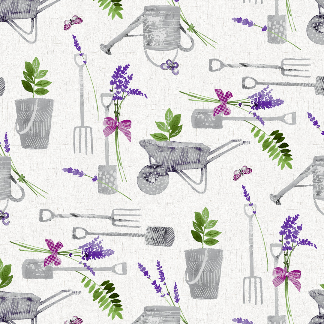 Närbild av Garden Life Provence - Ljus vaxduk med allt som hör till trädgården