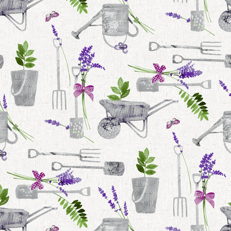 Närbild av Garden Life Provence - Ljus vaxduk med allt som hör till trädgården