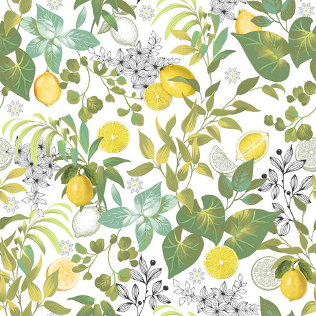 Närbild av Grace Citrus Garden - Vaxduk med citroner och gröna blad