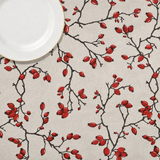 Hybenlund – textilvaxduk med nyponmotiv på linnelook botten, 150 cm bred