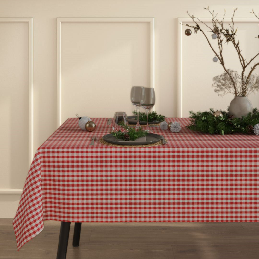Hörnbild Julbordsduk Rödrutig Vichy  - textilvaxduk i linne look.