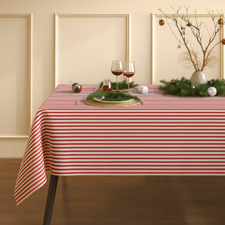 Julbordsduk Rödrandig - textilvaxduk i linne look