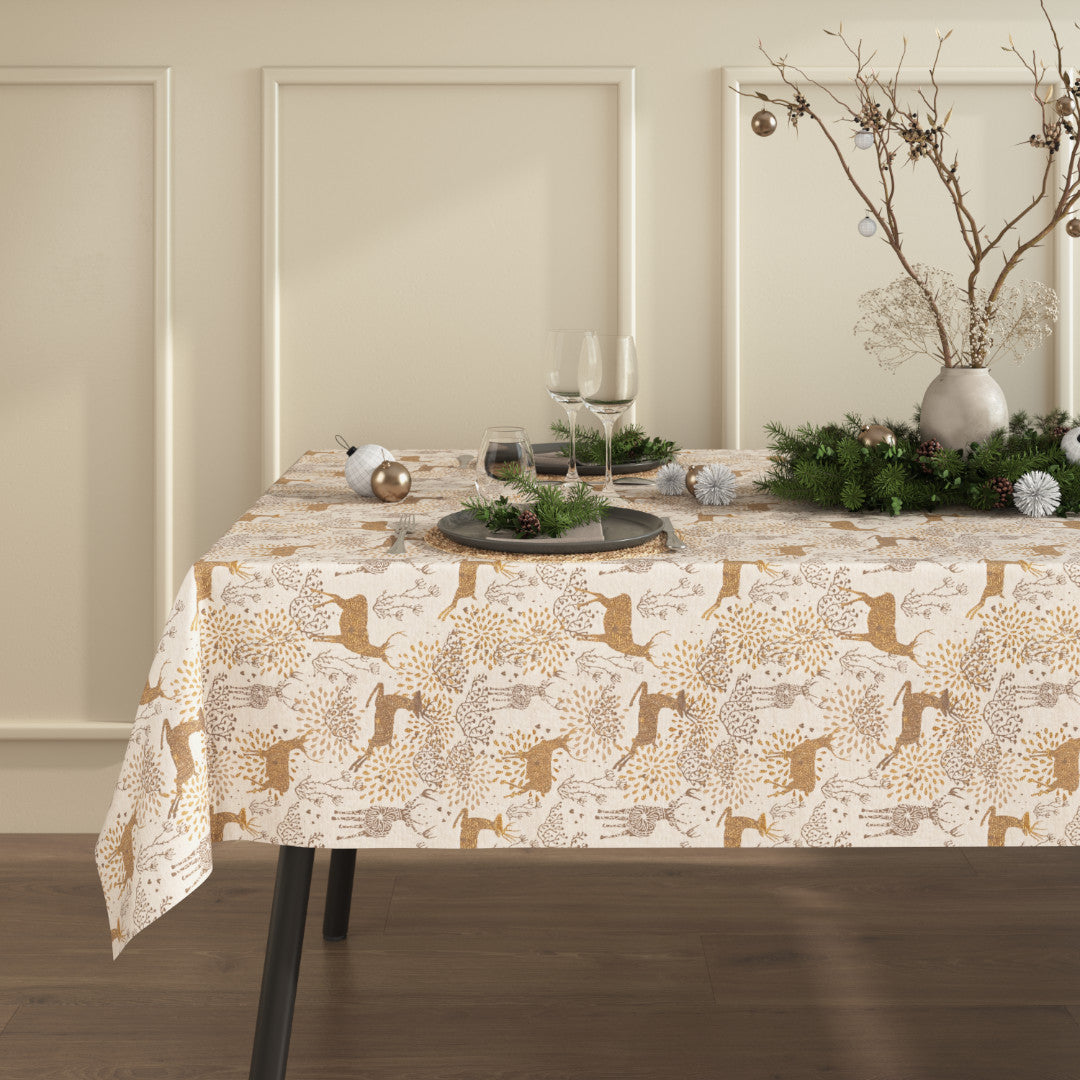 Golden Reindeers sidovy Julbordsduk med eleganta gyllene renmotiv