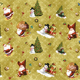 Julvaxduk God Jul - Gyllene Jul. Närbild Tomten, julgran, paket, kulor