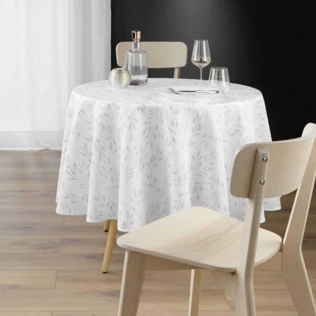 Lonigold Naturel Ø 180 cm – Rund duk med blad och fläckavvisande behandling, miljö