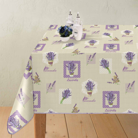 Ljus vaxduk med lavendelbuketter och lavendel i kruka