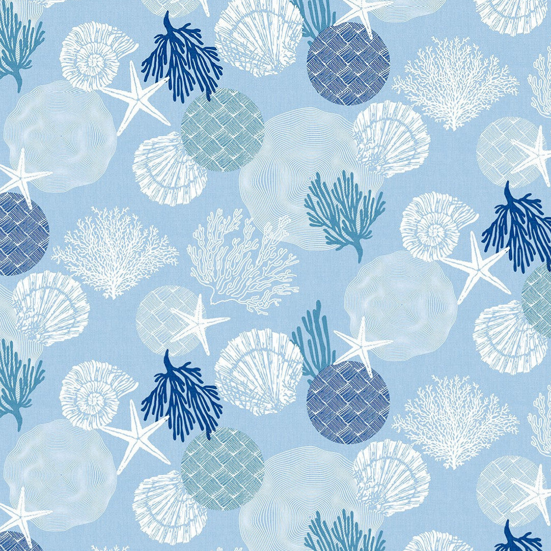 Maritim Blå – Vaxduk med snäckor och koraller, mönster